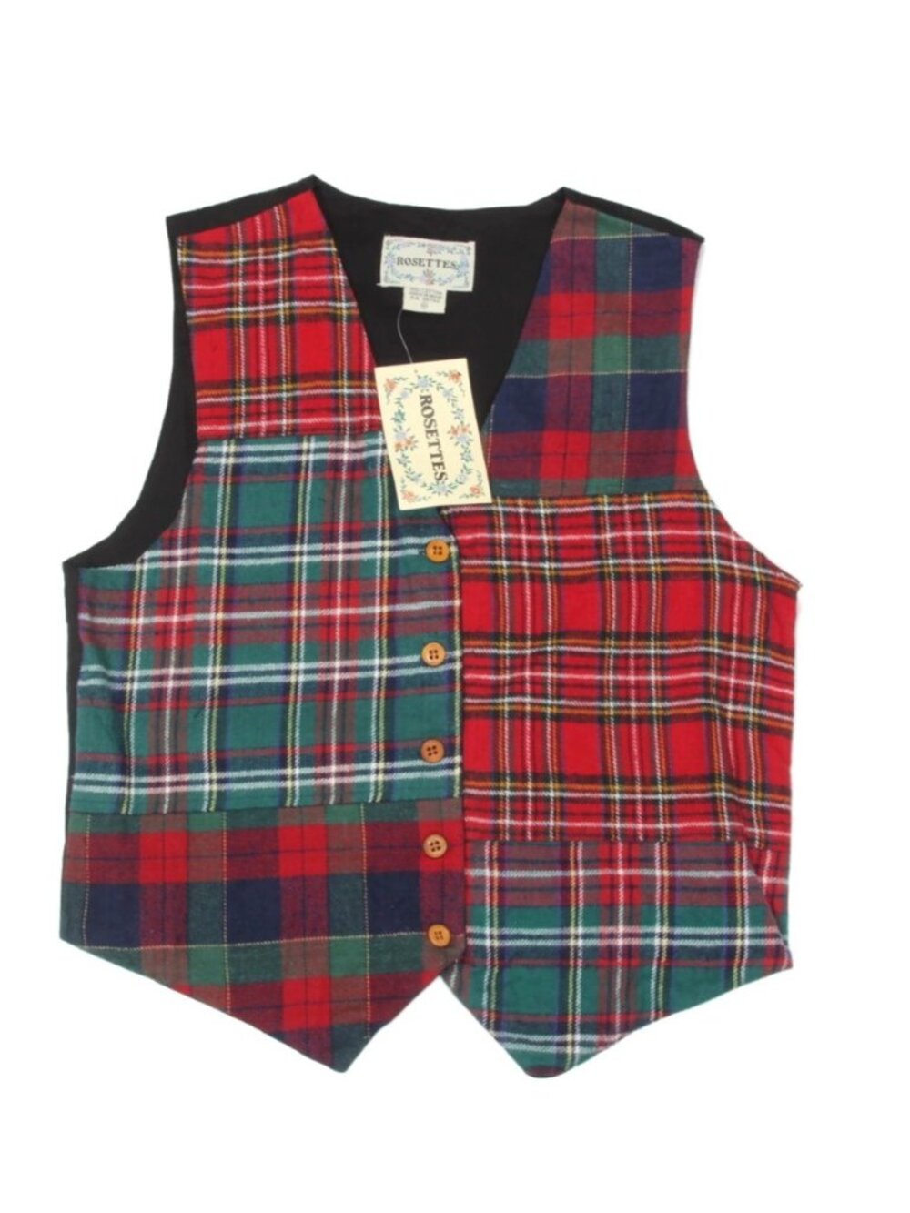 NWT Rosettes Patchwork Plaid Vest Women’s sz S Button Front Cotton USA /936